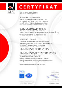 Certyfikat ISO: PN-EN ISO 90001:2015, PN-EN ISO/IEC 27001:2023.